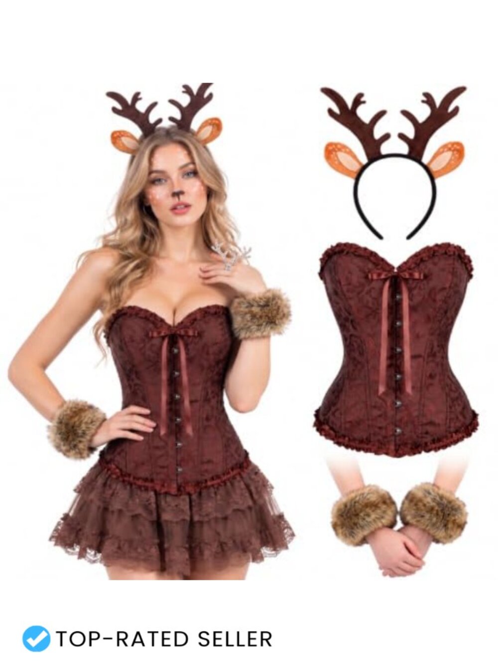 Deer Costume Set Tube Top Antler Headband Faux Fur Wristbands